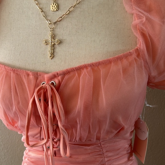 Elegant Peach Ruched Mesh Puff Sleeves Dress - Picture 9 of 14